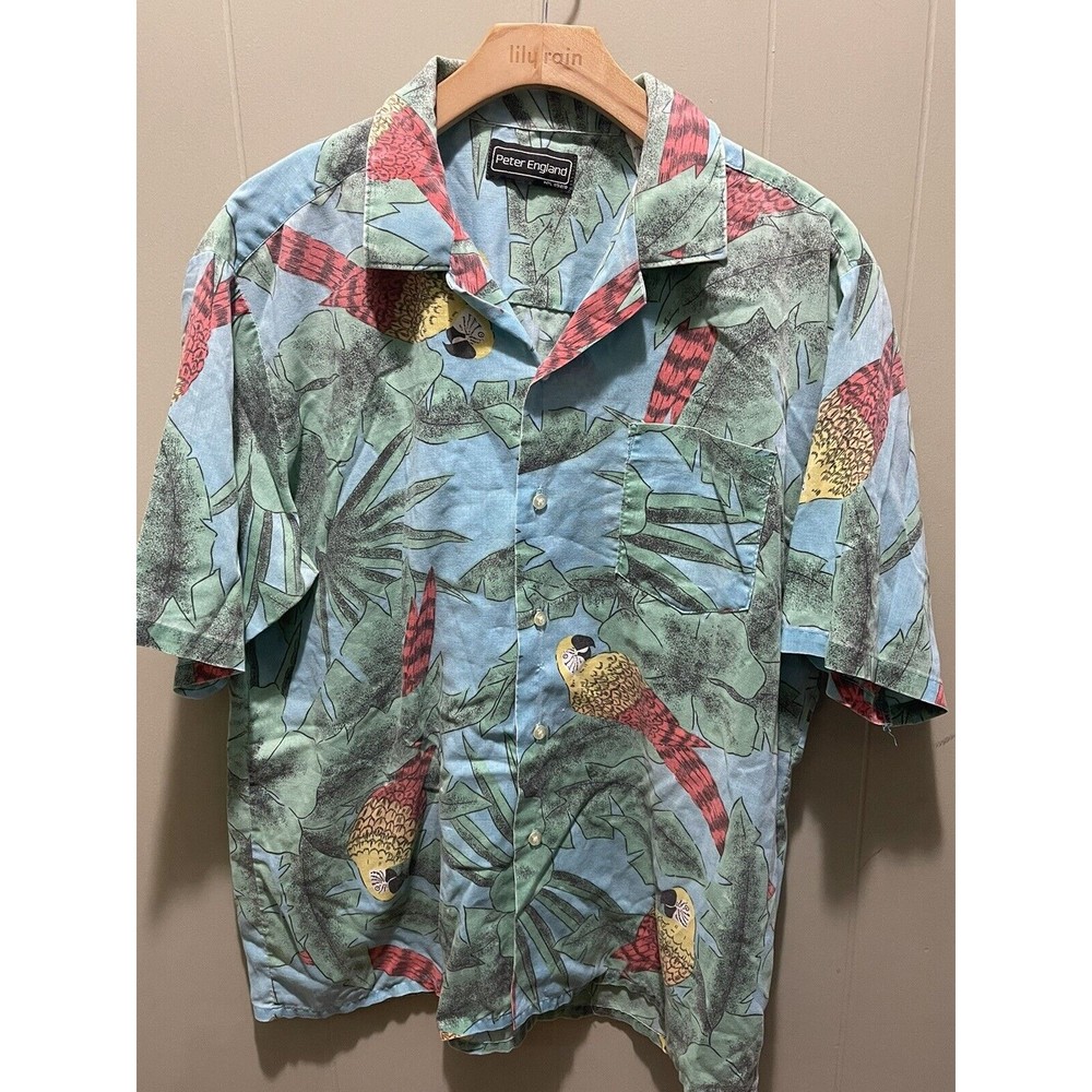 Vintage Hawaiian Tropical Palms & Parrots Button Up Shirt Men’s Size L
